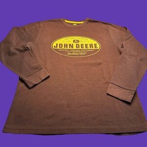 John Deere Thermal Long Sleeve Shirt Large Brown Logo Faded Distress Waffle Knit